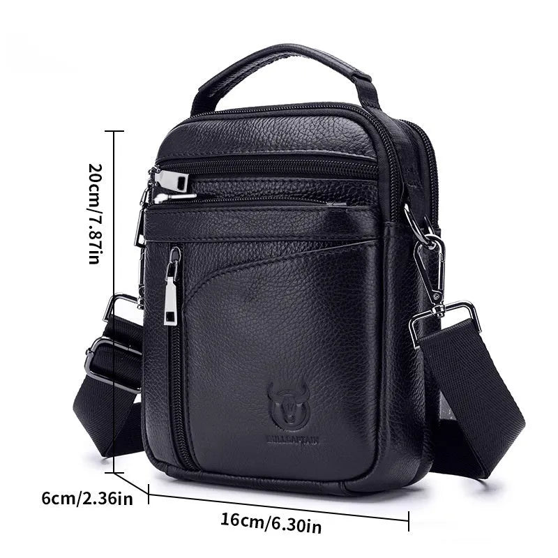 Men's black genuine leather shoulder messenger bag with retro styling
