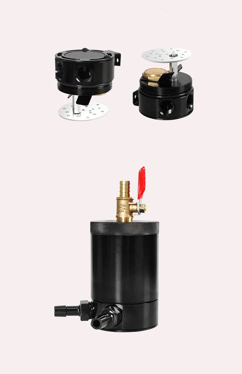Black aluminium automotive oil pot with two-hole breather design and connectors