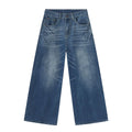 Men's retro washed light blue straight wide leg jeans with zipper fly, front view