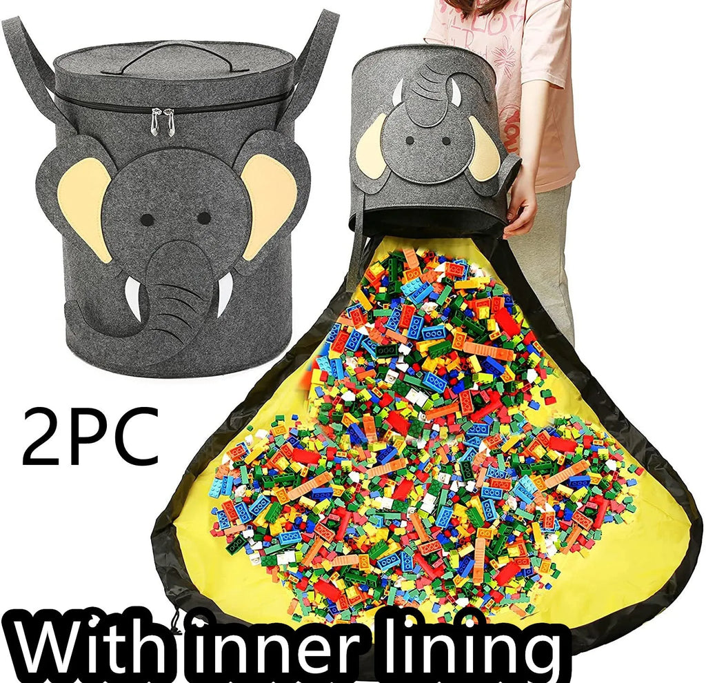 Green felt cube storage bag with pull rope open as a floor play mat for toys.