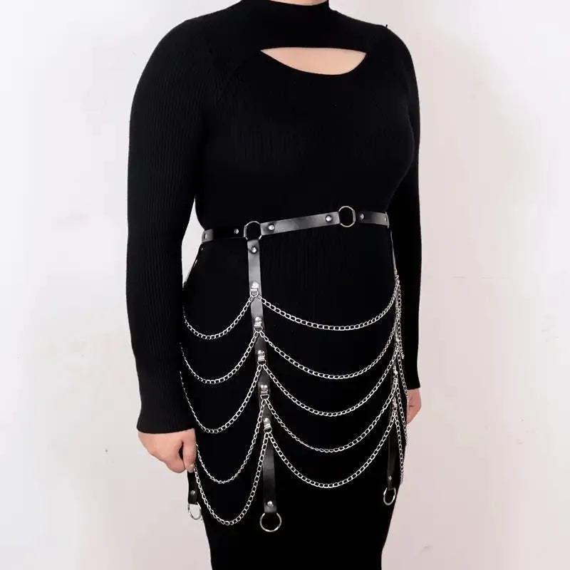 Black PU leather waist chain ornament with bandage binding chain design