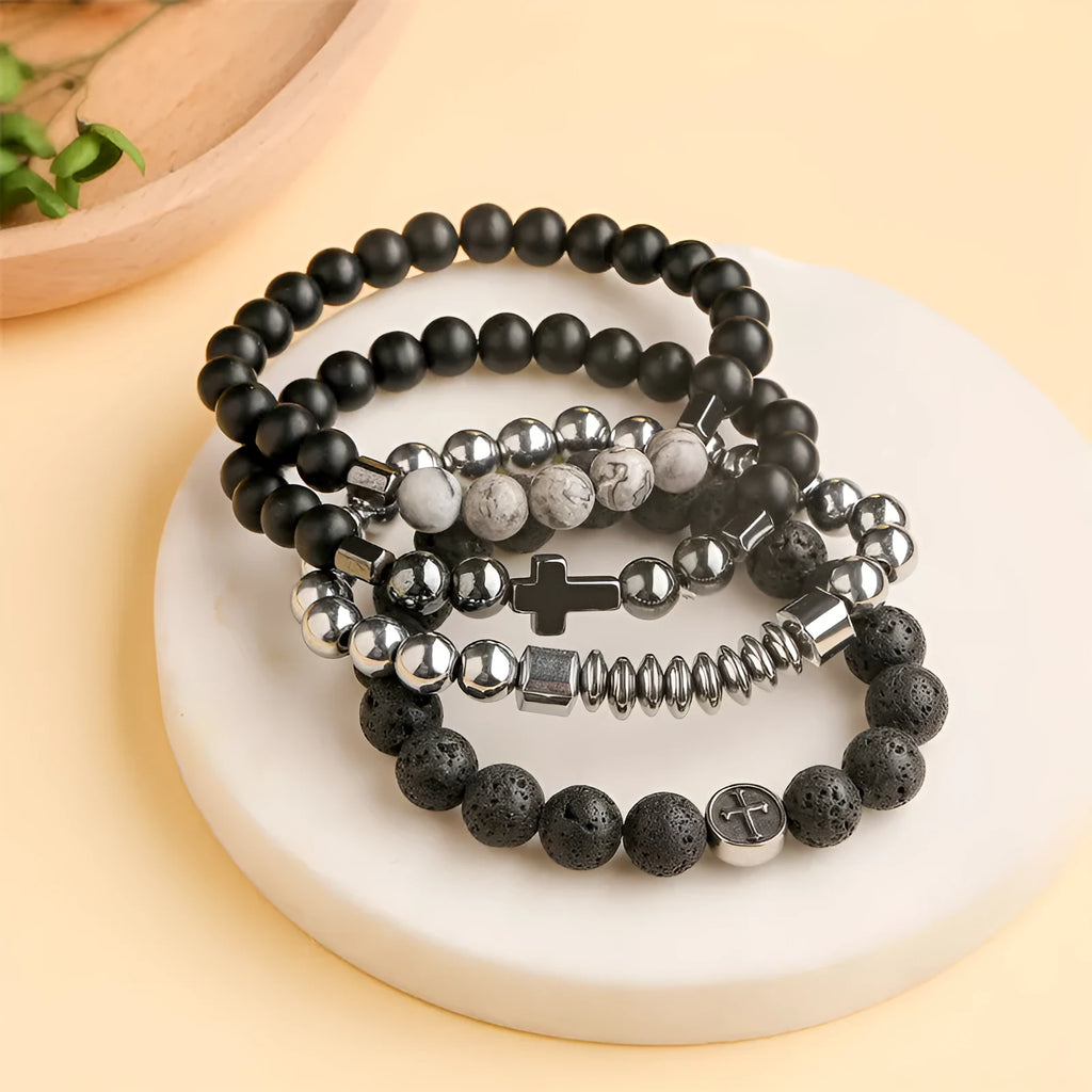 Volcanic brown agate bracelet with stainless steel clasp, geometric 19mm diameter design