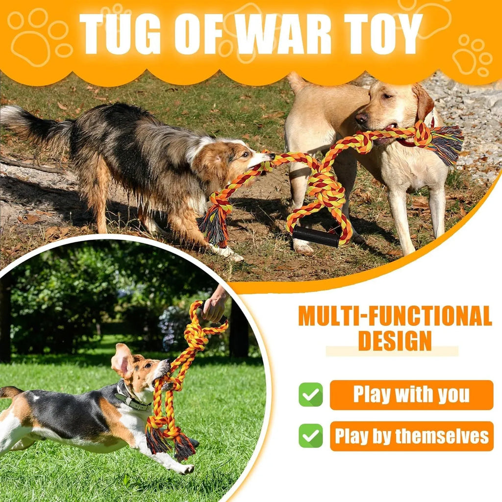 Large blue cotton rope dog toy with handle for tug-of-war games and dental cleaning