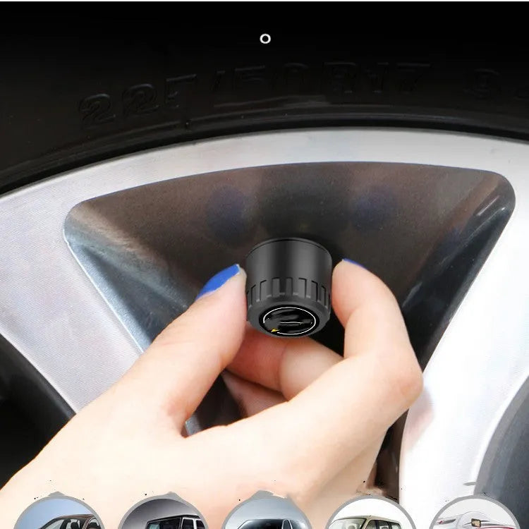 Black Bluetooth automotive tyre pressure monitoring system with four external sensors and a wrench.