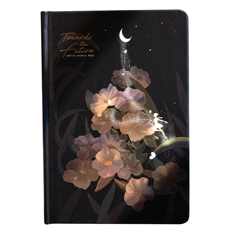 A5 notebook with luminous cover showing colour illustration pages inside, available in Deep Blue, Gold, Light Blue, or Purple colours