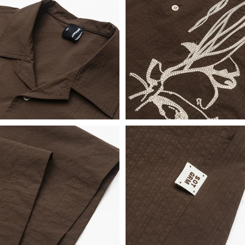 Brown striped quick-drying outdoor shirt with Cuban collar and short sleeves