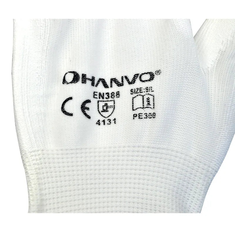 White PU coated work gloves showing textured grip, in sizes M and L, sold in a pack of 10 pairs.