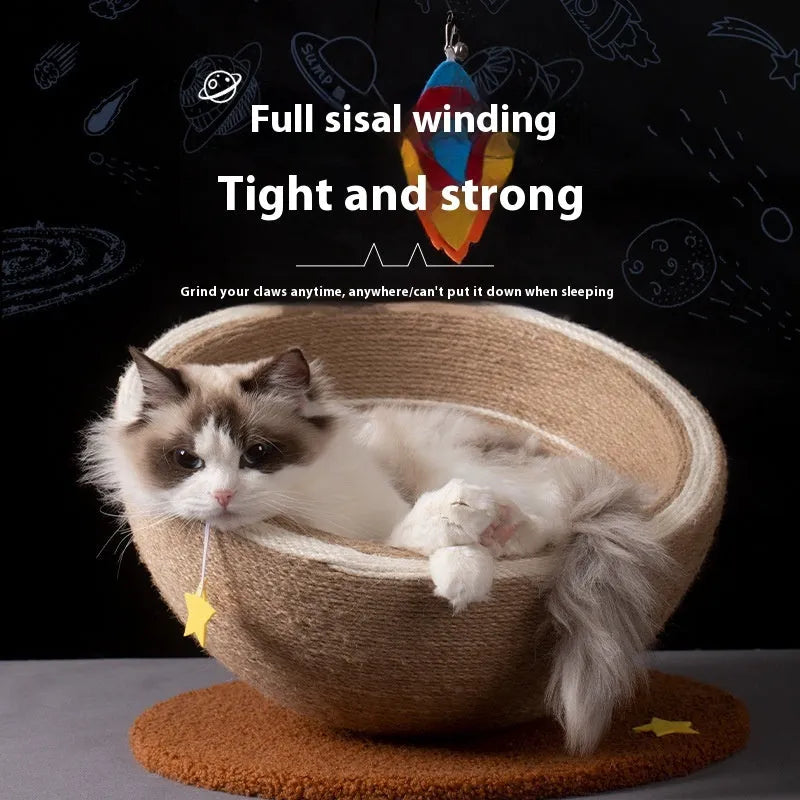 Large integrated cat scratching post and flannel bed in a starlight colour scheme.