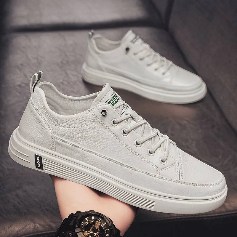 Men's Korean style casual shoes in beige with round toe and flat bottom sole