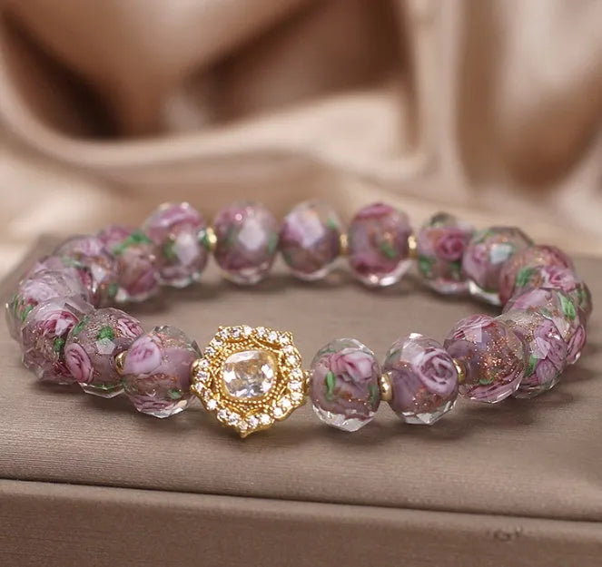 Purple electroplated glass and coloured glaze bracelet for women, original design