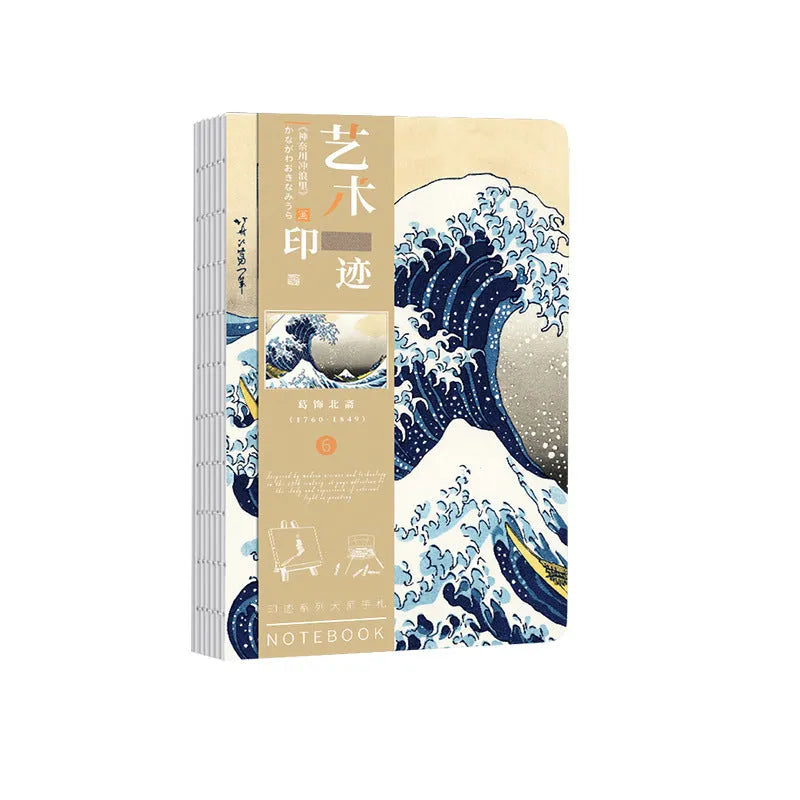 Ukiyo-e Kanagawa surfing village retro hand ledger notebook open on a desk.