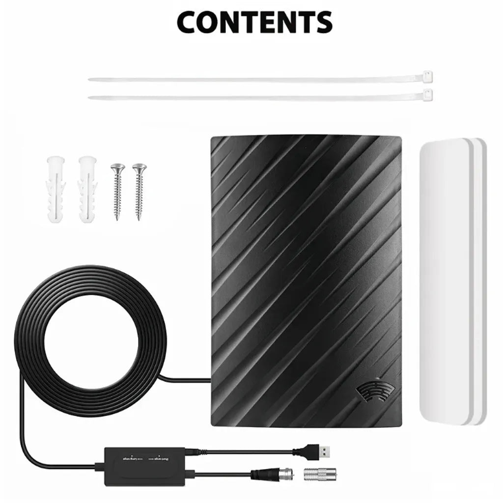 Black digital television antenna with mounting accessories including screws and expansion tubes