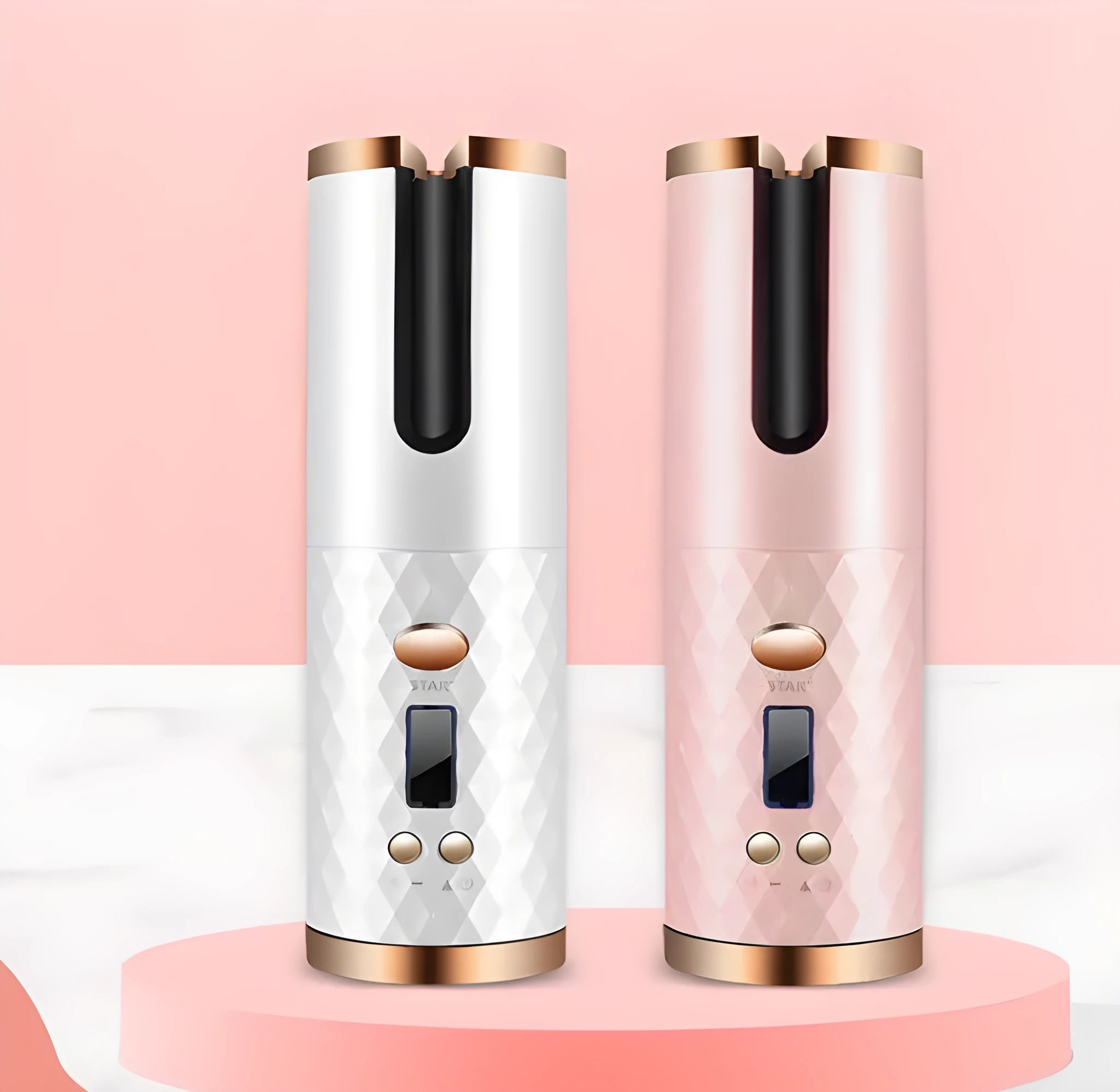 White portable curling iron with USB charging cable and gold ceramic barrel.