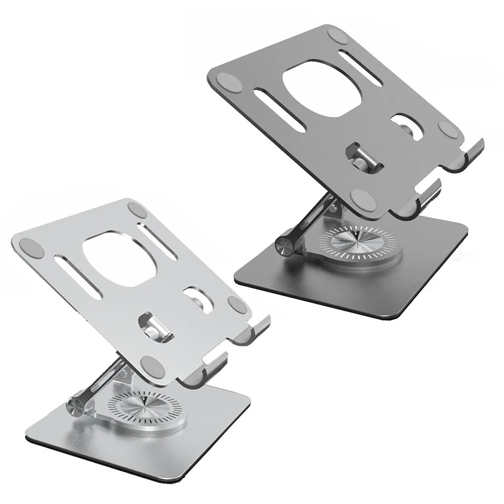 Rotating flat tablet stand in Technology Silver with aluminium plate and metal base on desk