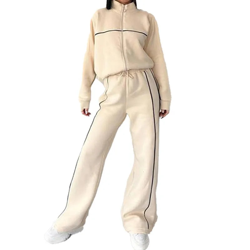 Women's two-piece casual suit with mock neck hoodie and striped trousers in apricot colour