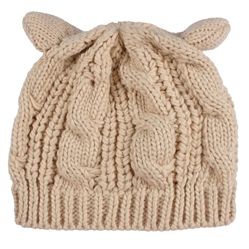 Hand knitted wool cat ear beanie in red colour for winter wear