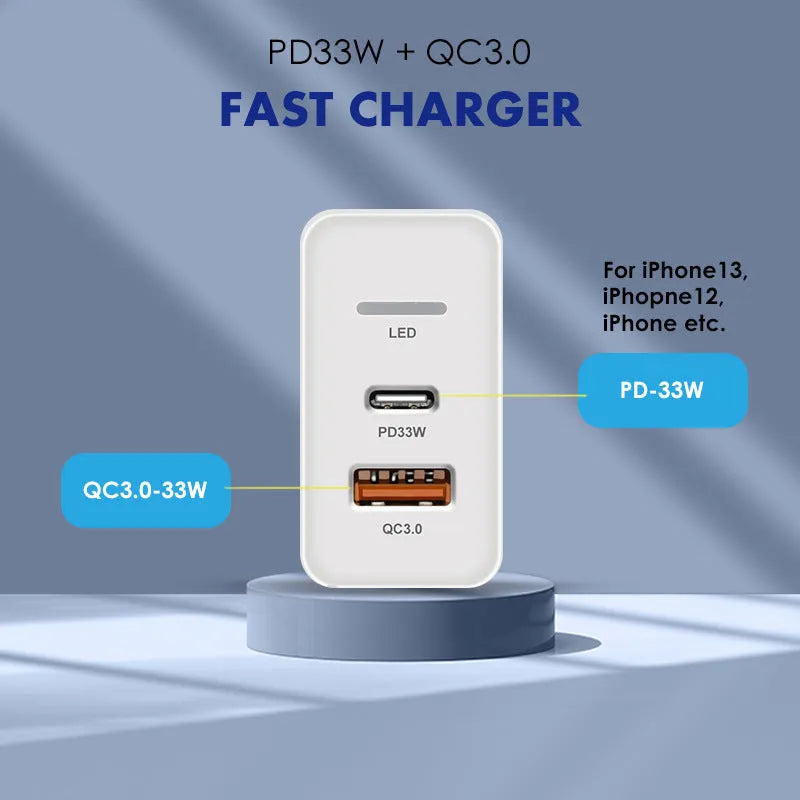 PD48W fast charging travel charger with GaN technology showing black and white options for US, UK, EU socket types