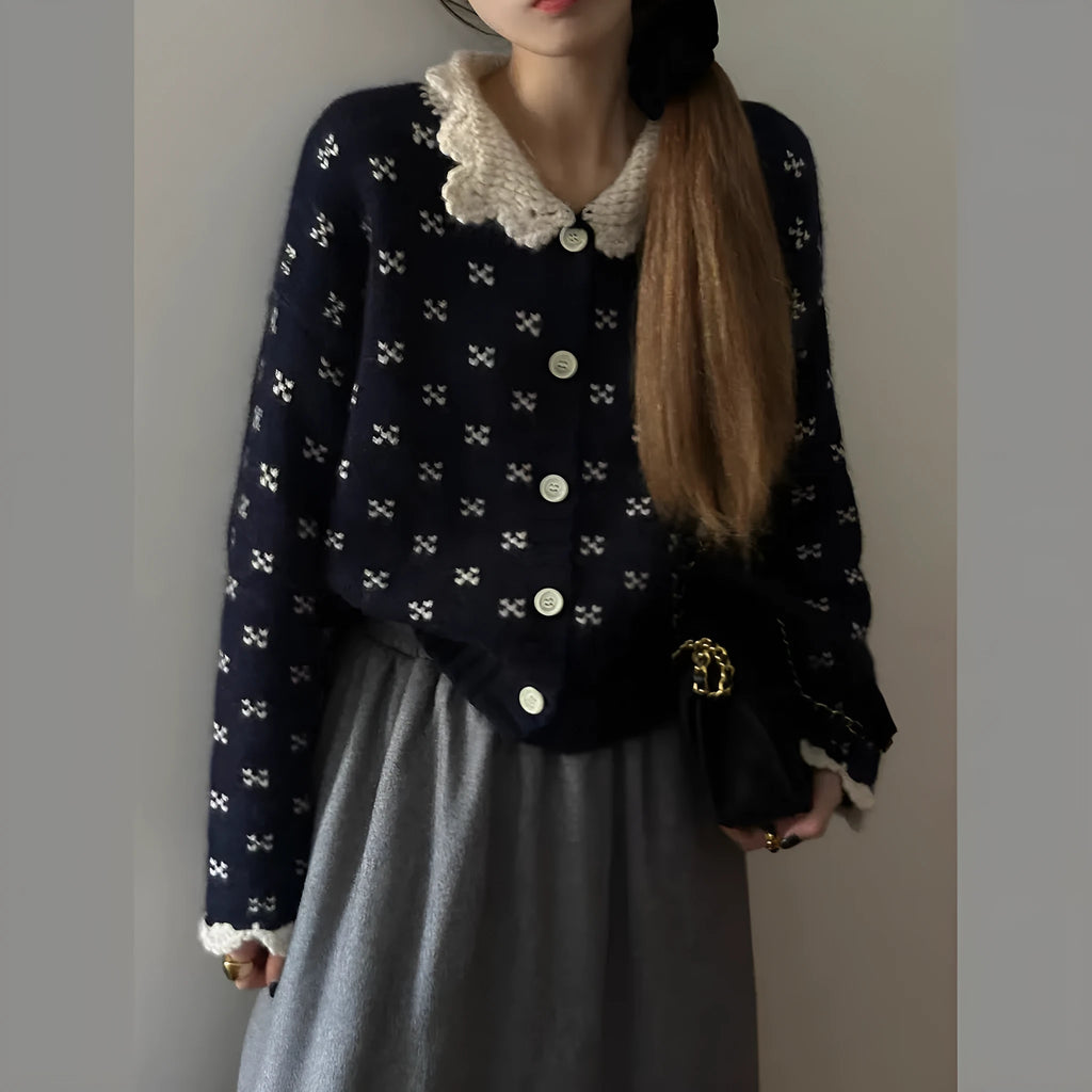 Peter Pan collar floral pattern cardigan coat in knitted polyester fabric