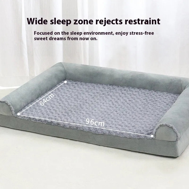 Soft cloth dog kennel in light grey and dark grey colours showing three size options for medium large breeds