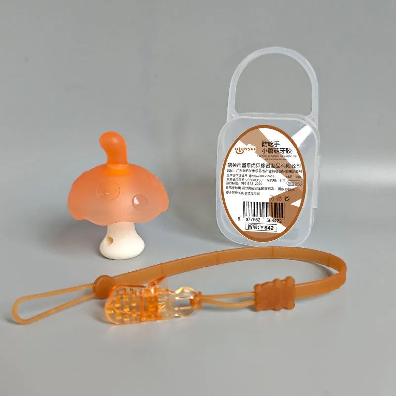 Small pink mushroom gum teething necklace with transparent box and chain for babies