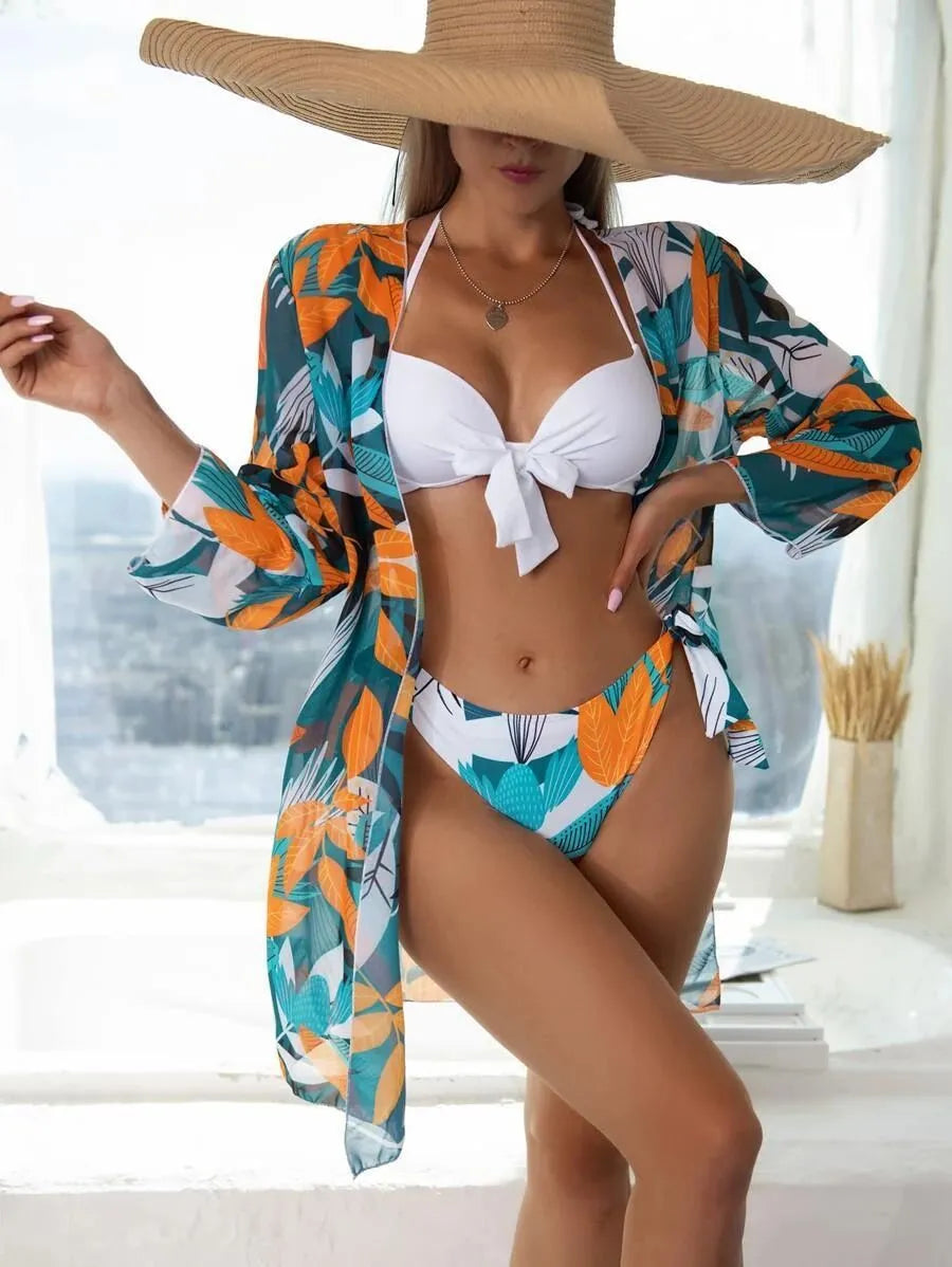 Women's three-piece mesh bikini swimsuit set shown in one of six available colours