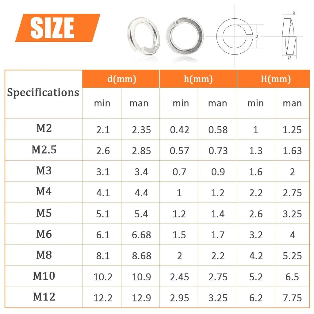 304 stainless steel spring lock washer assortment box with 900 pieces for 2mm to 12mm metric fasteners