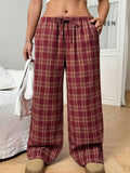 Women's casual trousers with drawstring waist and plaid pocket in red or blue
