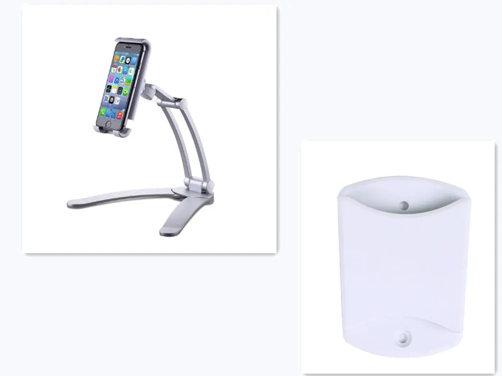 Silver aluminum alloy tablet stand with white mount holding tablet at adjustable angle
