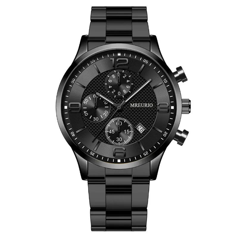 Fashion Numbers Three-eye Calendar Men's Watch with black dial and silver case, 9.5mm thickness