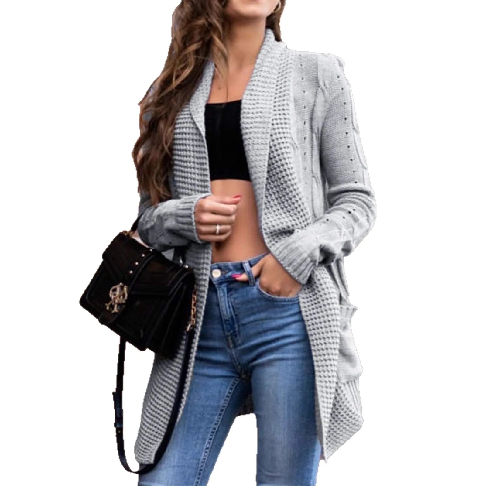Grey women's long sleeve loose fit cardigan coat with pockets, made from thick viscose fibre.
