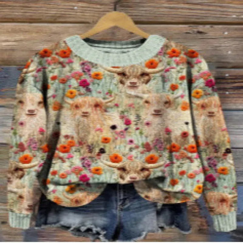 Women's digital printed floral pattern round neck sweater in polyester fabric