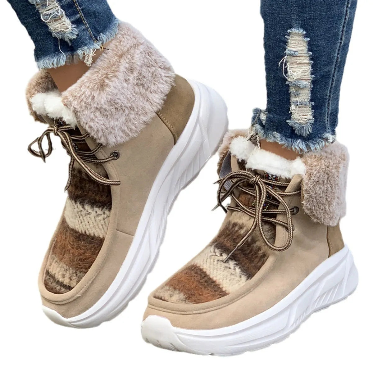 Women's beige lace-up snow boots with suede upper, thick rubber sole, and fuzzy lining on a white background.