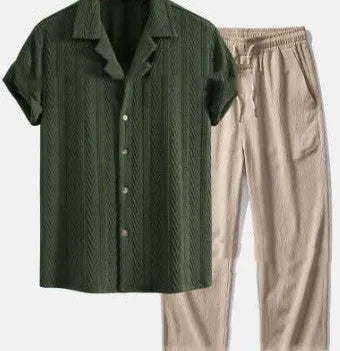 Men's loose fitting short sleeve shirt and trousers summer suit set in milk silk polyester fabric