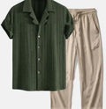 Men's loose fitting short sleeve shirt and trousers summer suit set in milk silk polyester fabric