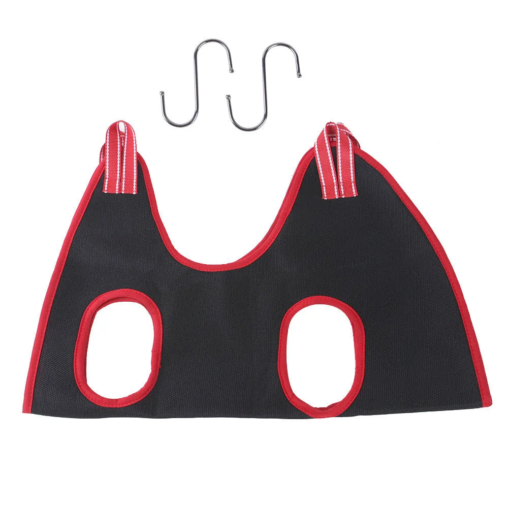 A grey polyester mesh pet grooming hammock restraint bag hanging from hooks, with sizes S, M, L, XS shown.
