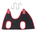 A grey polyester mesh pet grooming hammock restraint bag hanging from hooks, with sizes S, M, L, XS shown.