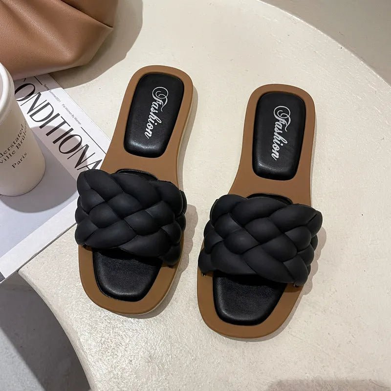 Women's plaid pattern beach sandals with thick anti-skid PVC sole, shown in white, green, orange, and black colours.