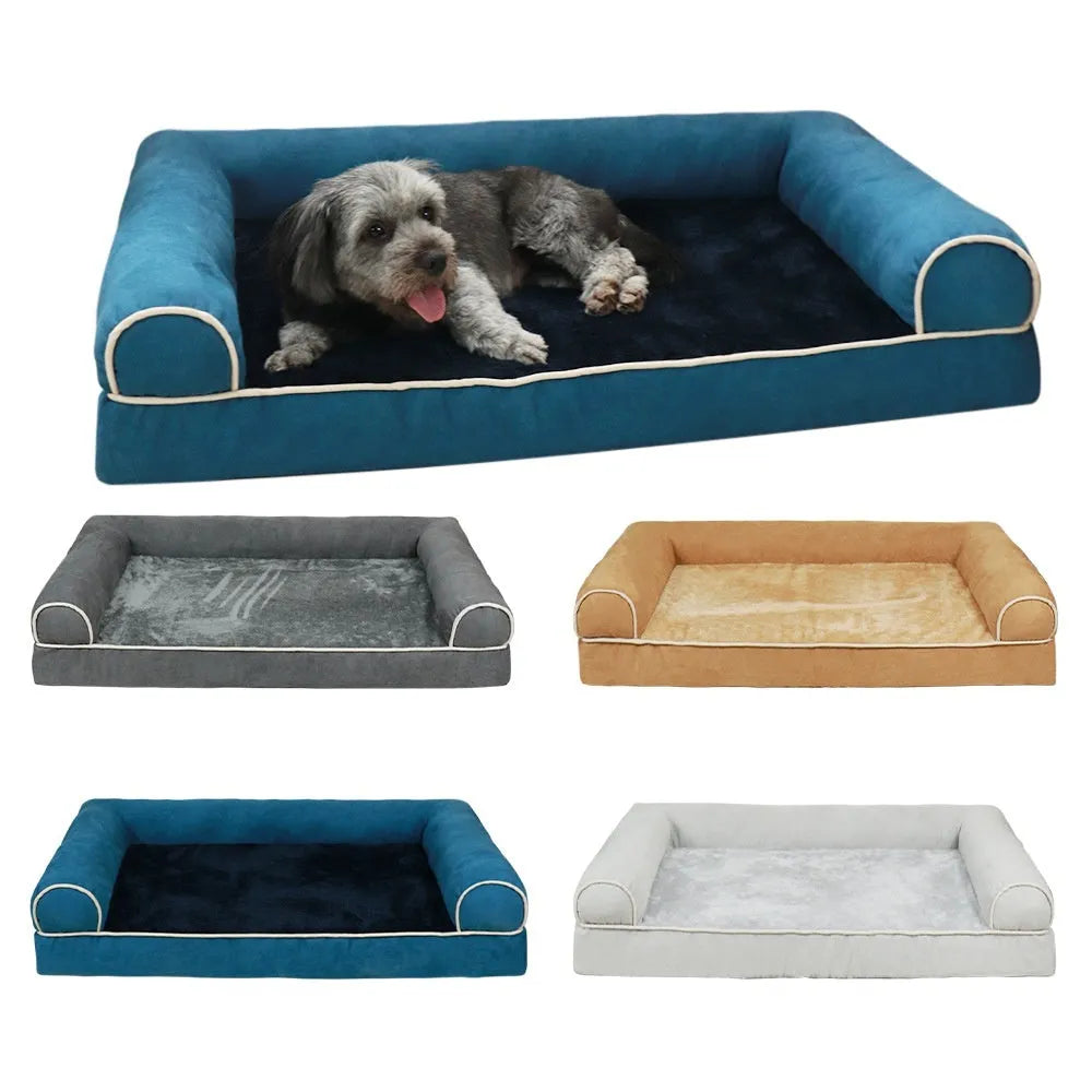 Square cloth dog bed with raised edges in blue colour showing sponge construction