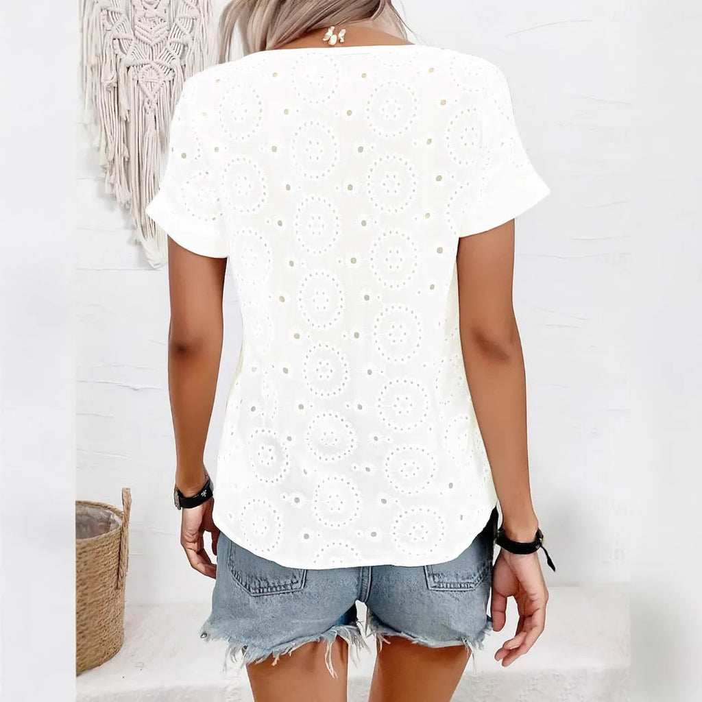 White women's hollow-out V-neck t-shirt with French style detailing and loose casual fit