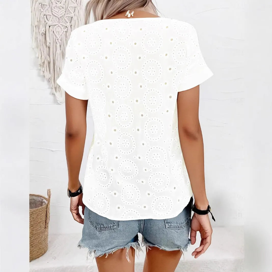 White women's hollow-out V-neck t-shirt with French style detailing and loose casual fit