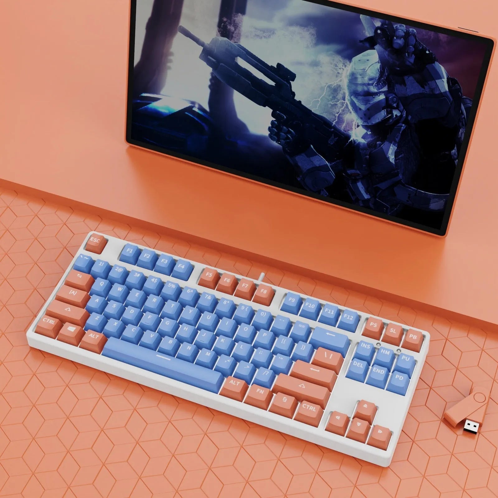 87-key tenkeyless mechanical keyboard in a dual-colour keycap design with metal frame