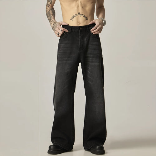 Black loose straight leg jeans with American retro styling and zipper fly