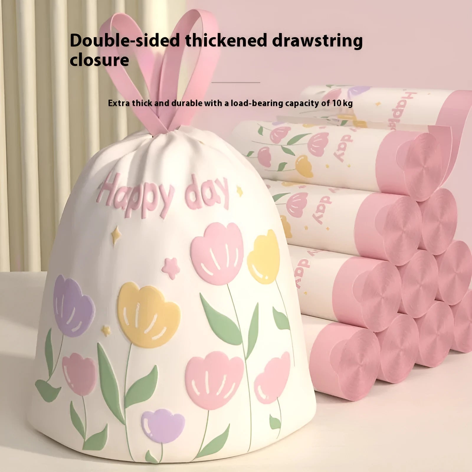 Pink degradable garbage bags with argy wormwood mosquito repellent, bold drawstring, 44x48cm