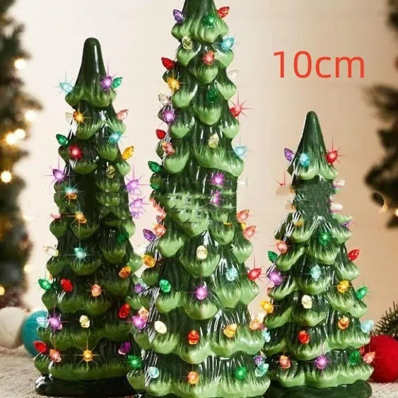 Resin and plastic Christmas tree decorative light ornament in European style, shown in coloured or warm light.