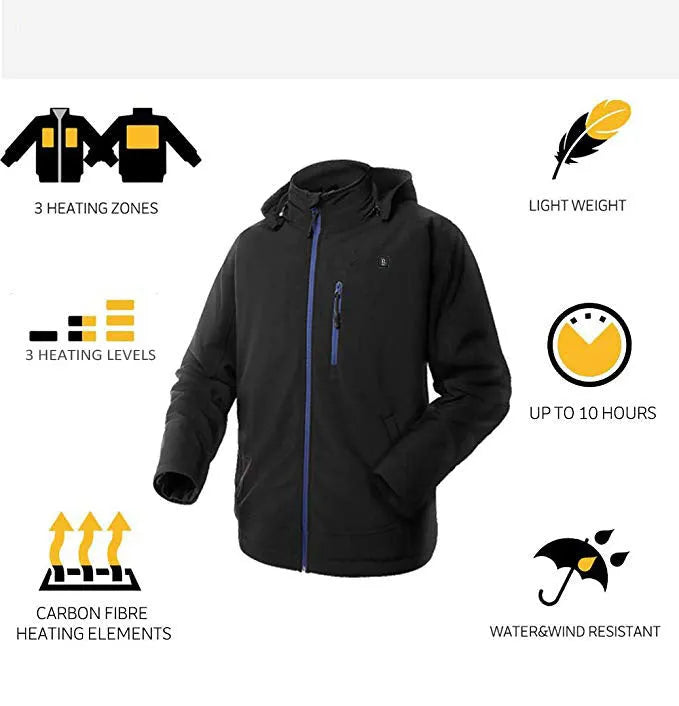 Black USB heated waterproof winter coat for men with zipper pockets, shown in size L.