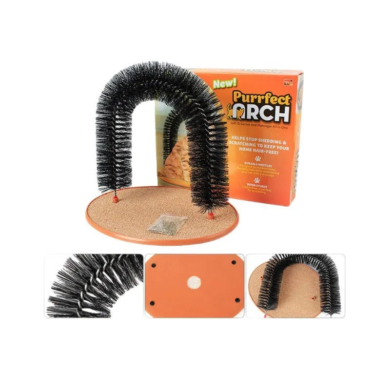 Arched plastic cat grooming station with built-in brush for scratching and self-grooming