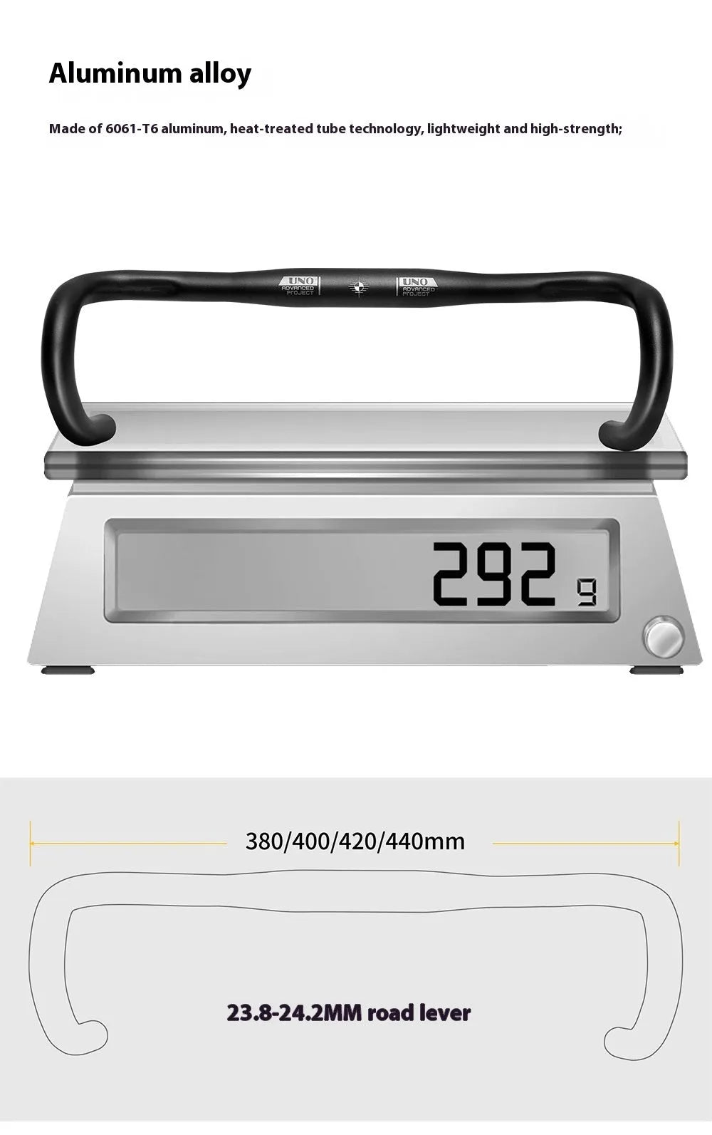 Black UNO aluminium alloy road bike racing handlebar with a bent shape and printed markings.