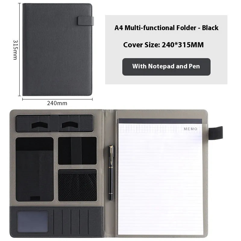 Black leather A4 business folder with 35mm gusset showing pen loop and notepad configuration