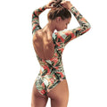Women's backless one-piece swimsuit with leaf floral print in colour-blocked design