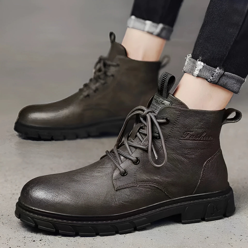 Men's high-top black leather Martin boots with front lacing, square heel, and stitched PU upper